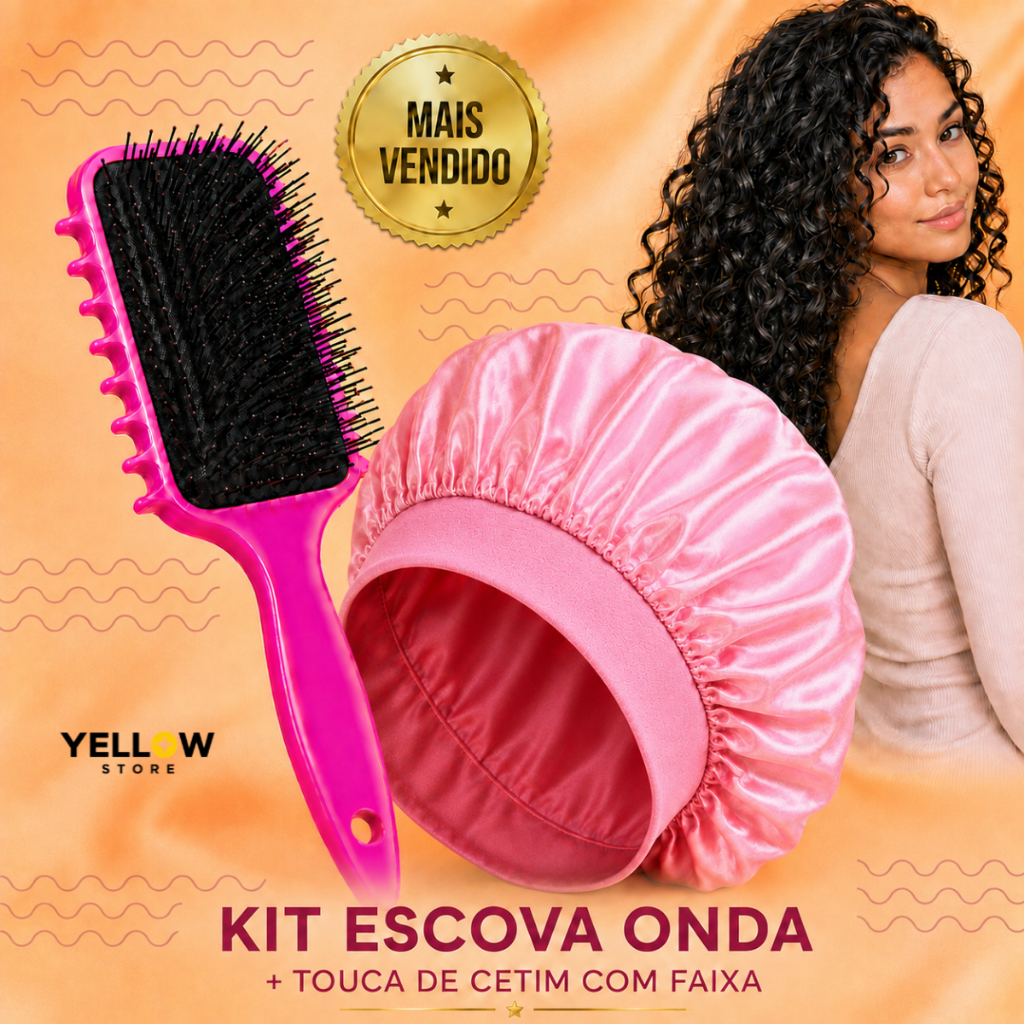 Kit Touca de Cetim com Faixa + Escova de Fitagem Cerdas de Javali Antifrizz para Cachos