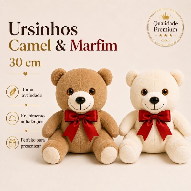 Urso de Pelúcia 30cm Premium Camel e Marfim com Laço + Brinde Coração para Presente