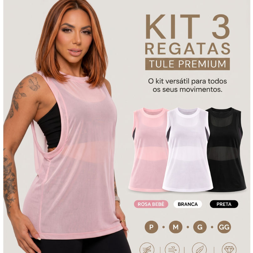 Kit 3 Regata Transparente de Tule Academia Feminina Regatão Blusa Moda Fitness