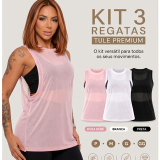Kit 3 Regata Transparente de Tule Academia Feminina Regatão Blusa Moda Fitness