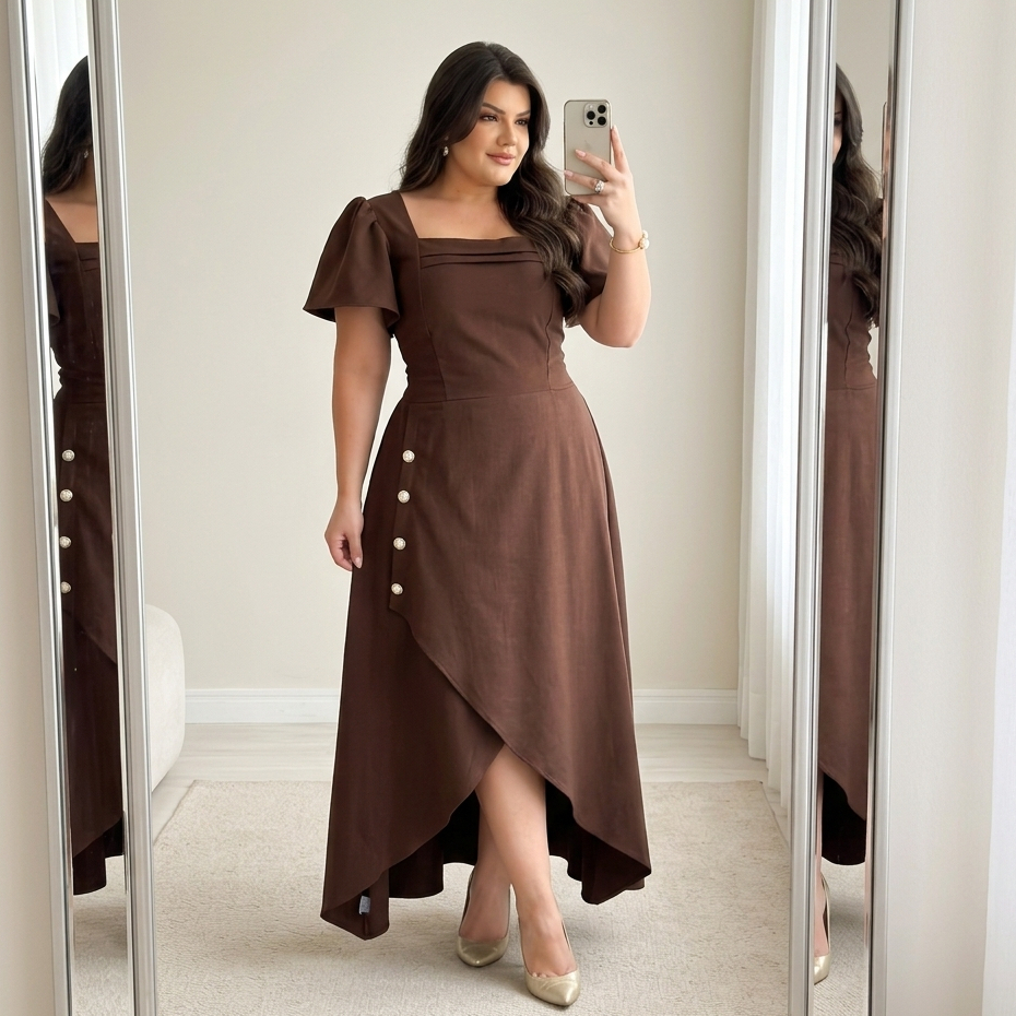 Vestido Feminino mídi Com Manga Bufante  com Elastex Atrás Elegante Moda Social Festa Longo Verão
