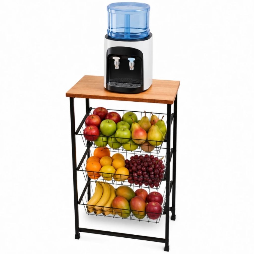 Fruteira  De Chão Em Aço Suporte Bebedouro 3 Cestos Removíveis Tampo Mdf Cozinha Copa