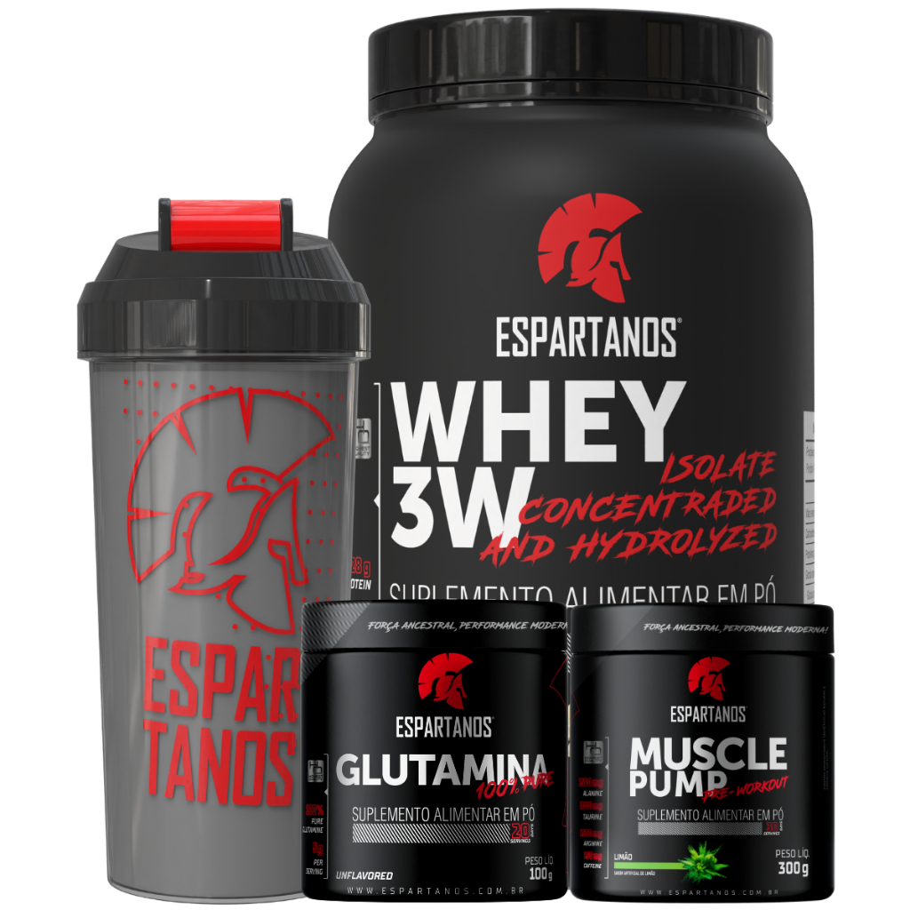Kit Whey Protein 3W + Pré Treino + Glutamina + Shaker - Espartanos