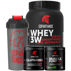 Kit Whey Protein 3W + Pré Treino + Glutamina + Shaker - Espartanos
