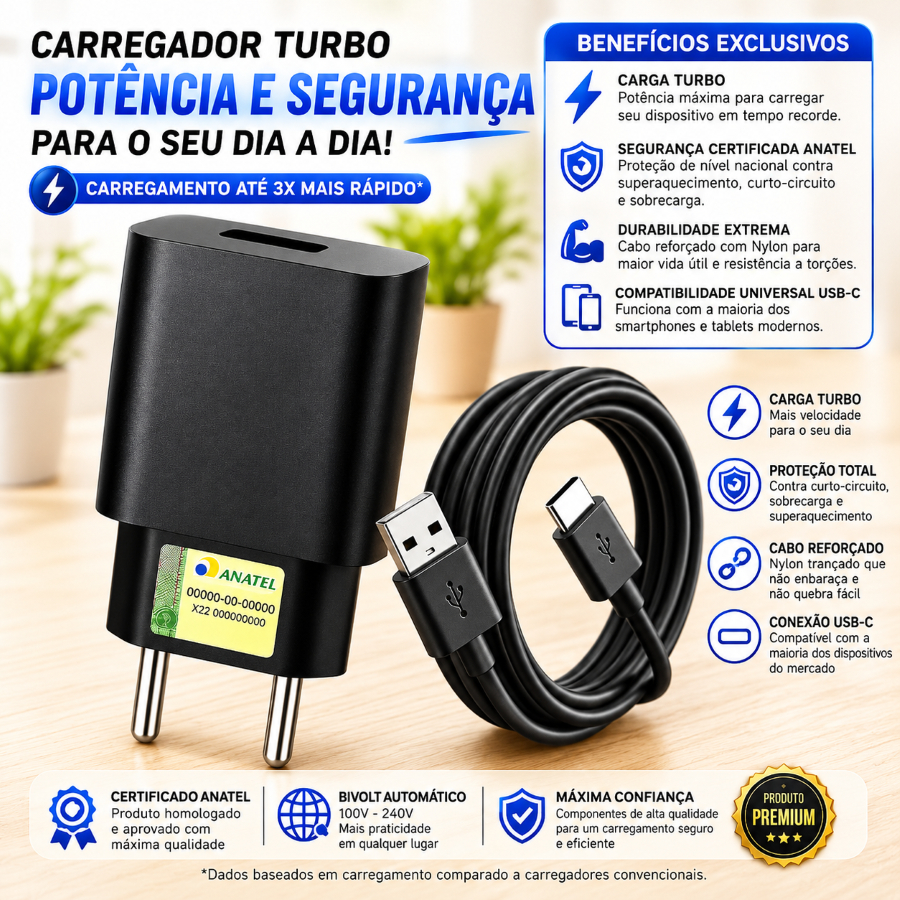 KIT Carregador Turbo 50W Tipo C Para Celular Android Fonte e Cabo USB-C Resistente