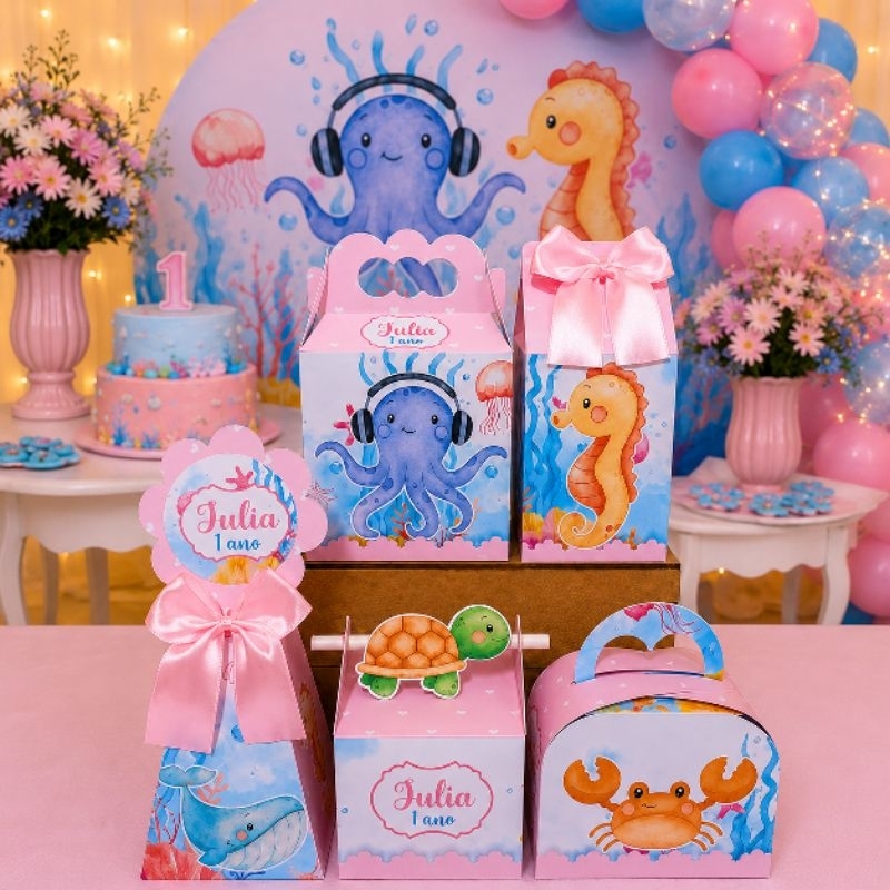Kit Festa Fundo do Mar Rosa Personalizado Luxo | Caixinhas Lembrancinha Infantil Aniversário Menina | Pegue Monte