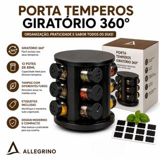 Porta Condimentos Giratório Para Temperos 12 Potes Vidro Organizador Tampa De Plástico Dosadora