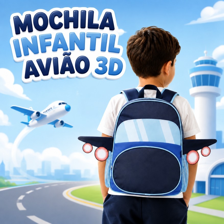 Mochila Infantil Aviao 3D Neoprene Escolar Creche Passeio Crianca Menino Menina Poliester Mochilinha Costas Promo Oferta