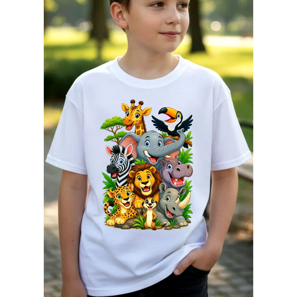 Camiseta Infantil Estampada, Camisa Branca  - Animais do Safari Desenho Animais