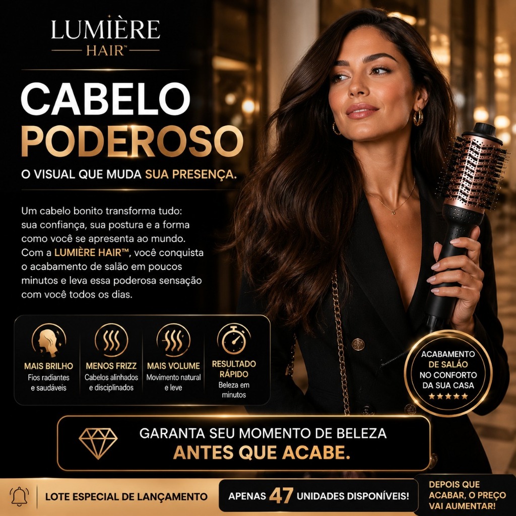 🏆 Escova Secadora Cabelo 1300W Bivolt Profissional Alisadora Modeladora Volume e Brilho LUMIÈRE HAIR™