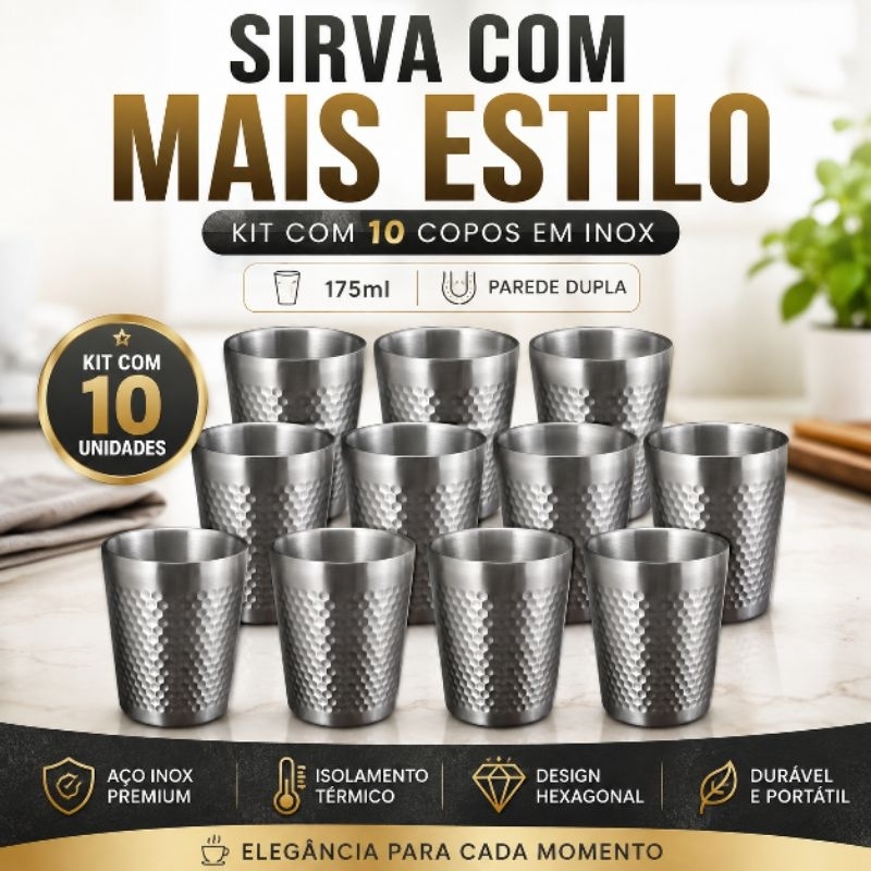 Kit 10 Copos Inox 175ml Parede Dupla Térmico para Café Chá Whisky Cerveja