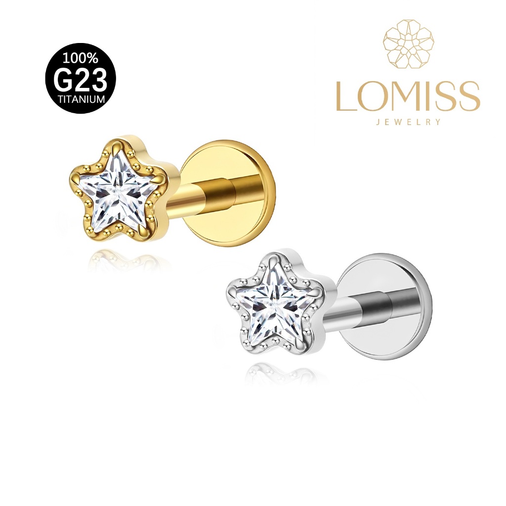 Piercing Labret Zircônia Estrela 100% Titânio G23 PVD | Helix, Tragus, Conch, Nariz, Boca‑Medusa Piercing de Orelha Mult