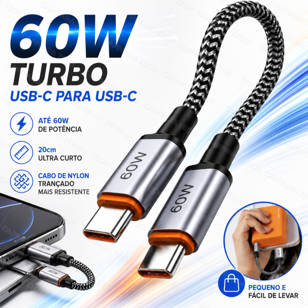 Cabo Tipo C 20 cm Curto 60W Turbo Nylon Reforçado Para Power Bank USB-C Smartphone Notebook Carro Moto