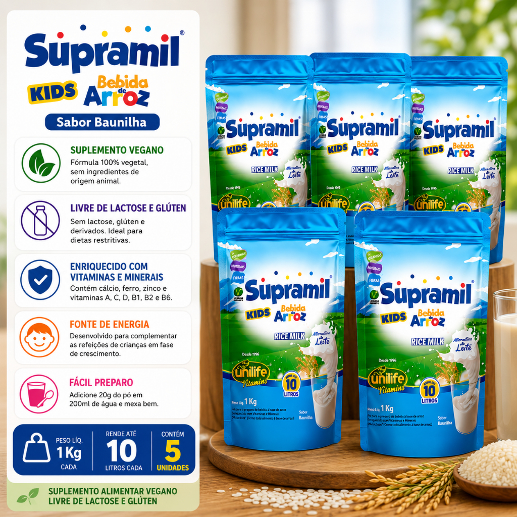 Kit 5 Supramil Bebida de Arroz Kids Unilife 1Kg