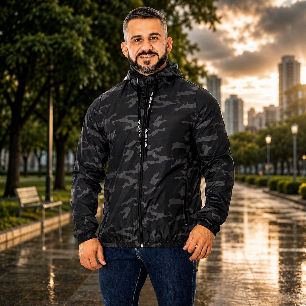 Jaqueta Corta Vento Blusa Estampada Tecido Resistente Água Jaqueta forro no Capuz e Elástico Mangas