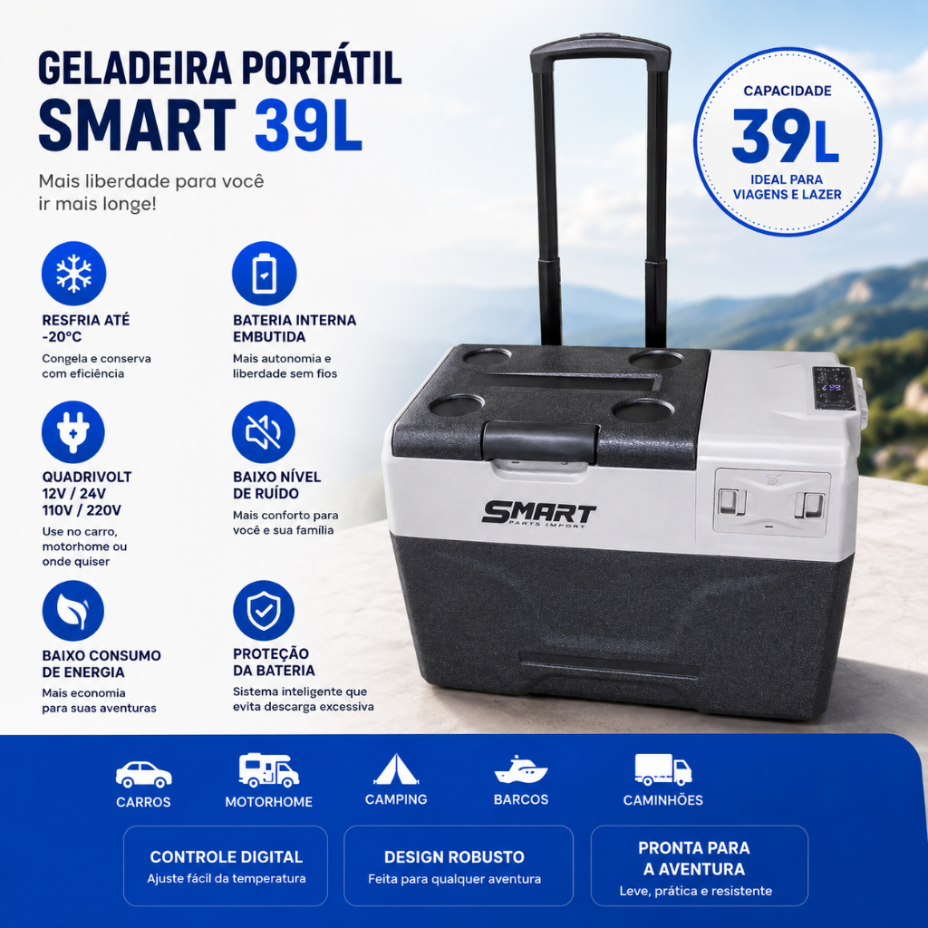 Geladeira Portátil 39l Quadrivolt com Bateria alça e rodinhas camping motorhome Quadrivolt