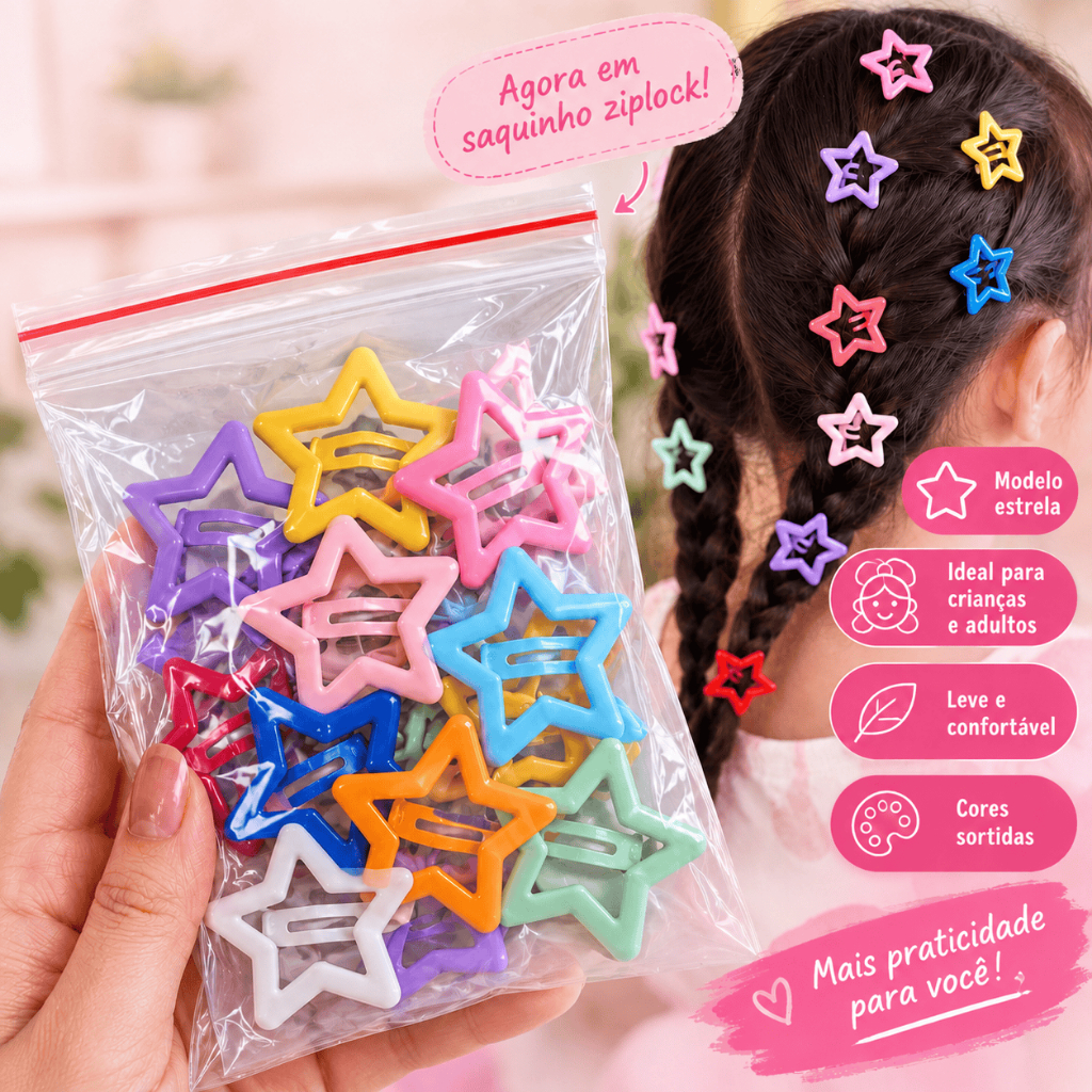 Presilhas Estrela Colorida Tic Tac Cores Sortidas Infantil Prendedores Cabelo Menina Grampos Estrelinhas Clip Xuxinha