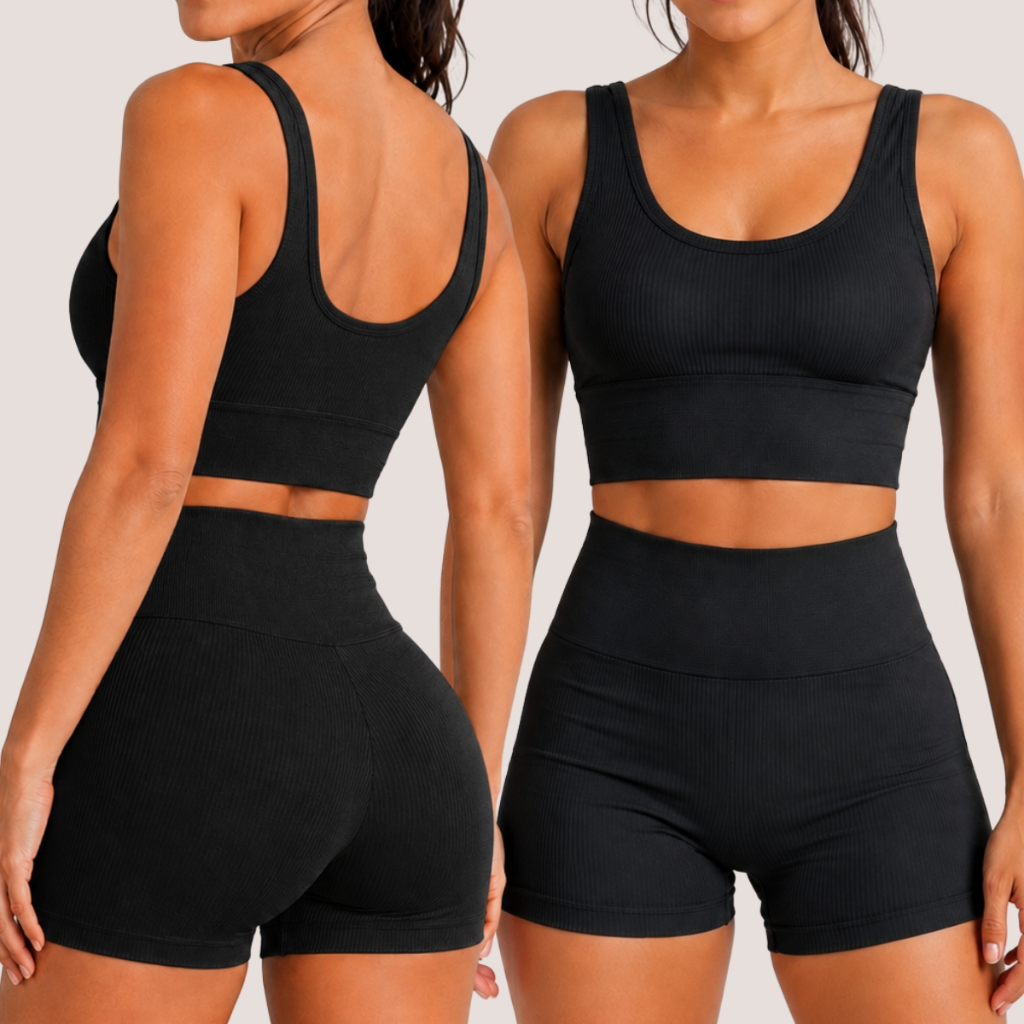 Conjunto Fitness Feminino Canelado Poliamida Top Shorts Alta Compressão Academia