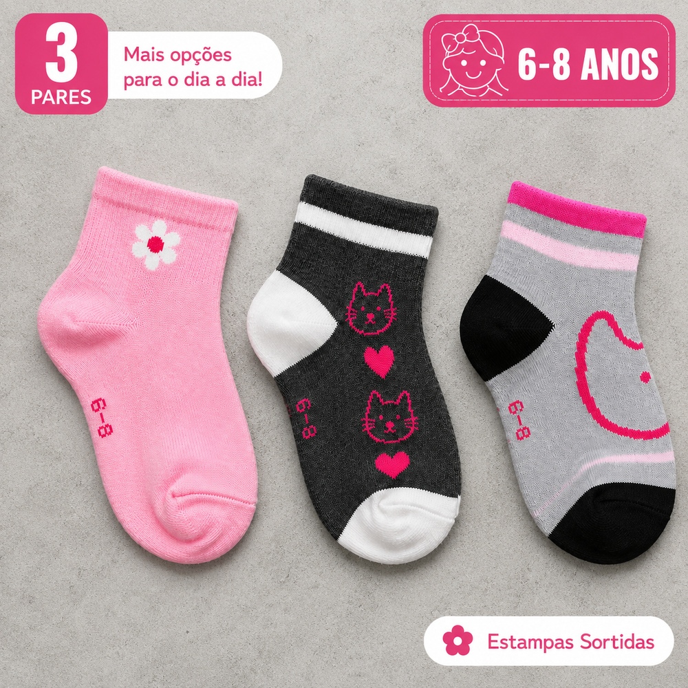 Kit 3/6/12 Pares de Meias Soquete Cano Curto Infantil Menina Estampas Sortidas 6 a 8 Anos — imagem 2 de 2