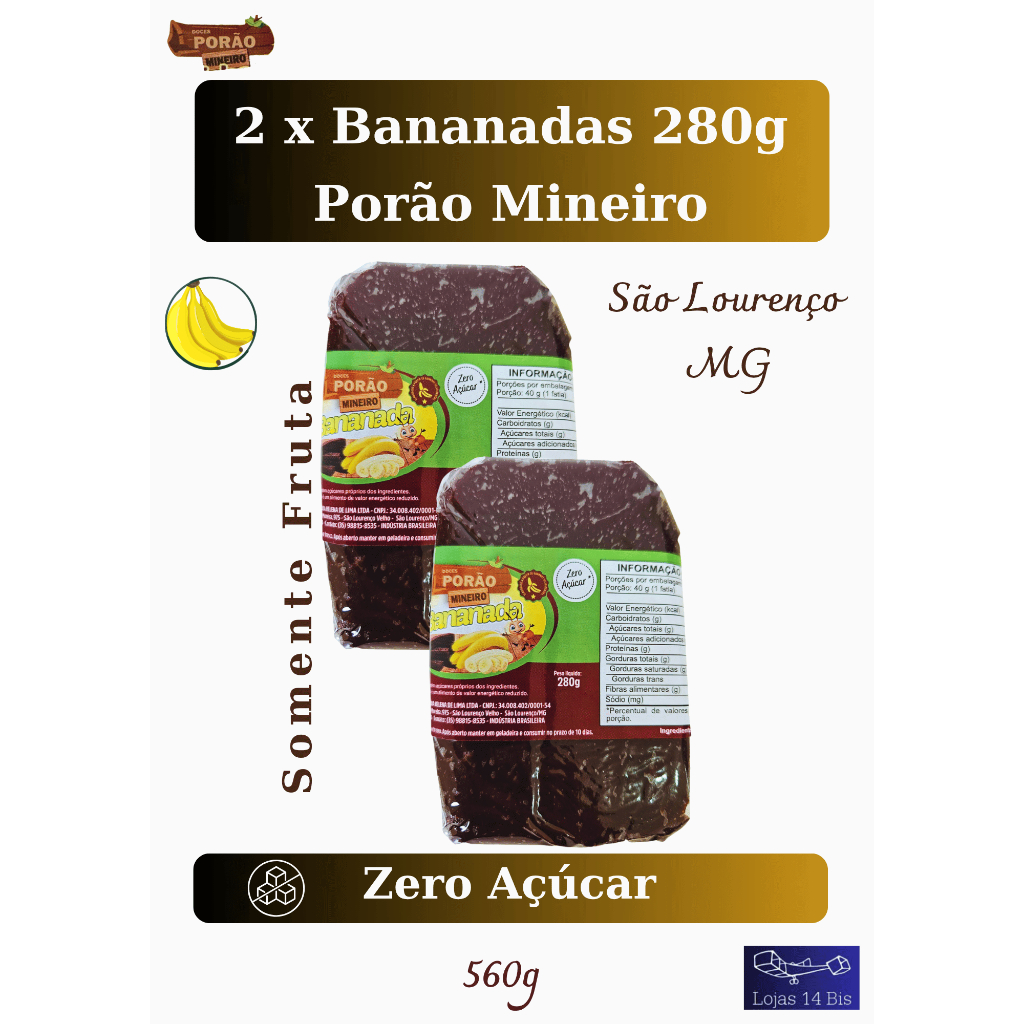 2 Doces de Banana Bananada Sem Adição de Açúcar 280g Sem Glúten Porão Mineiro