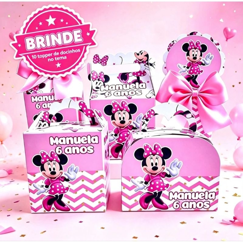 Kit Caixinha Personalizada Minnie Rosa | Lembrancinha | Kit Festa | Aniversário Infantil | Minnie Mouse | Disney