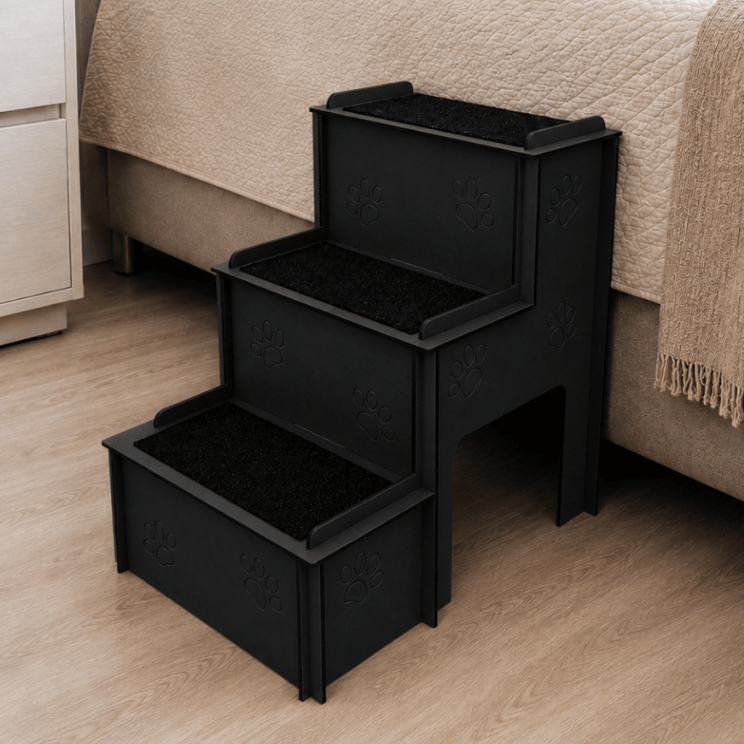 Escadinha Pet Cachorro Gato Mdf Preto 3 Degraus Com Carpete Antiderrapante Para Camas Sofás