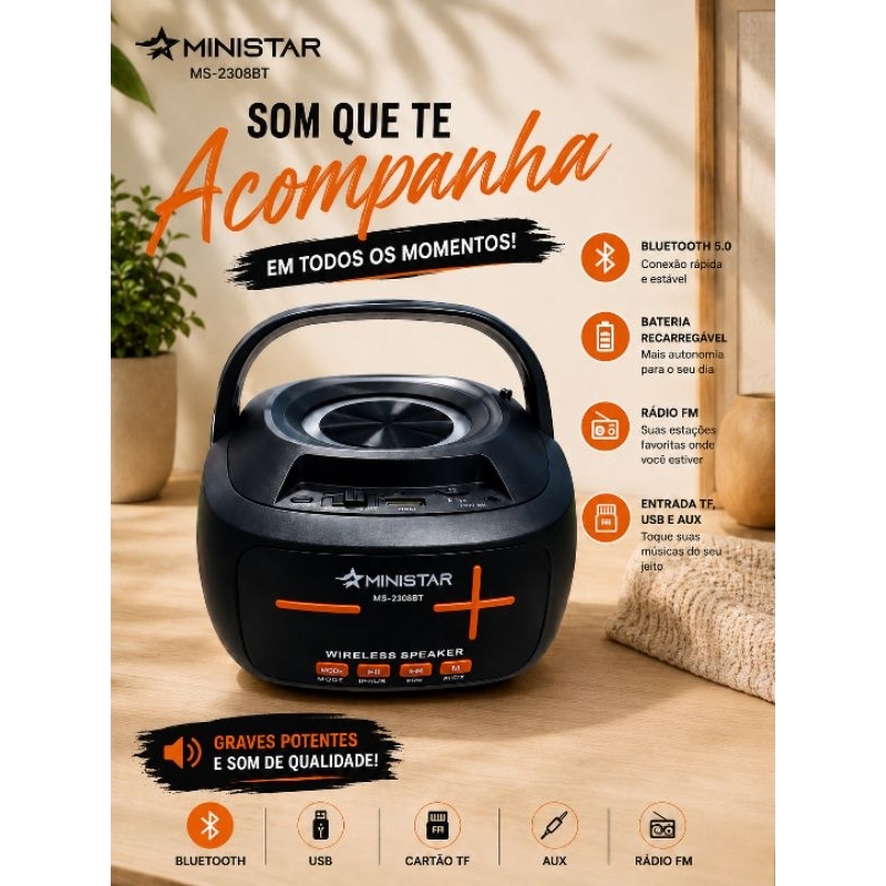 Rádio  FM C/ Bluetooth USB Cartão SD AUX Recarregável Bivolt Portátil