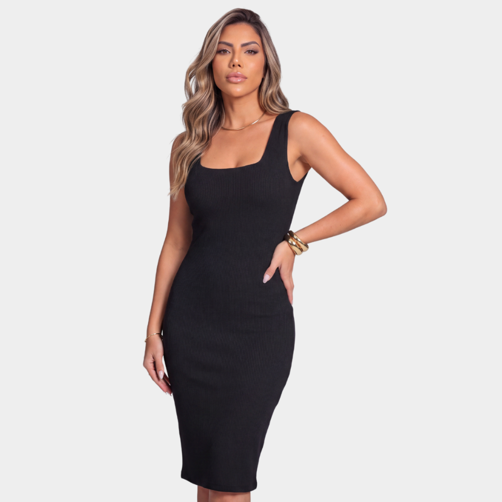 Vestido Feminino Midi Decote Quadrado Acinturado Tubinho Alta Compressão Modelador M ao GG