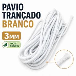 15 Metros - Pavio trançado branco 3mm - tocha decorativa iluminação artesanal sem cobre
