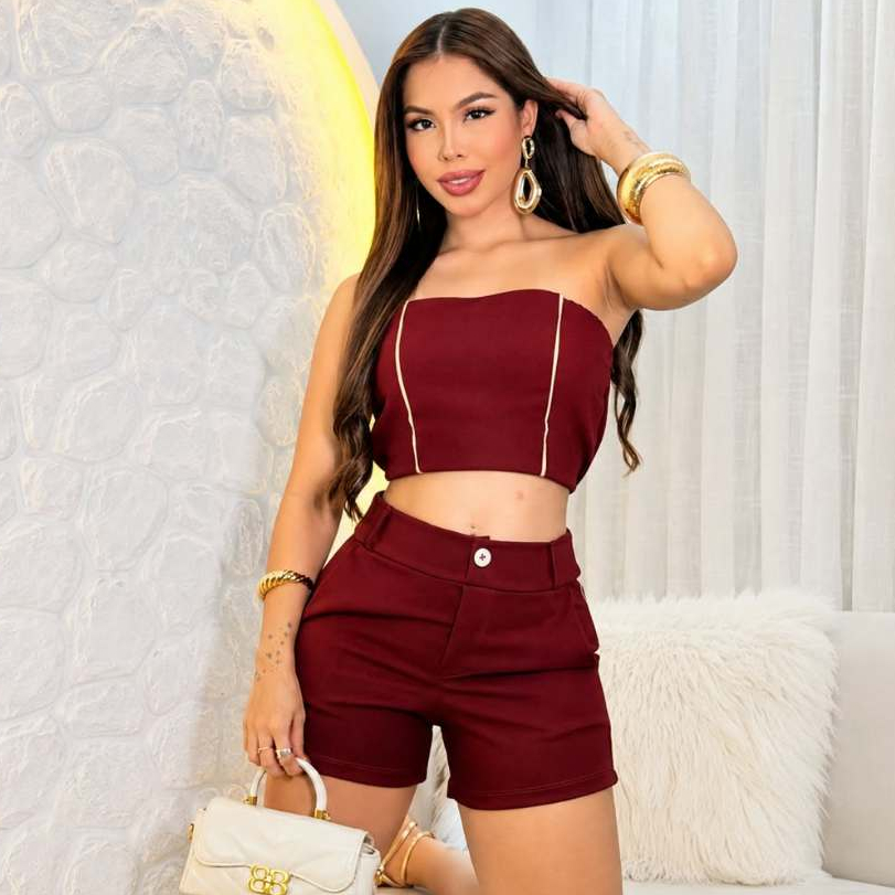 Conjunto Feminino Cropped Tomara que Caia + Short com Detalhe de Vivo em Crepe Malha Moda Blogueira Casual Elegante