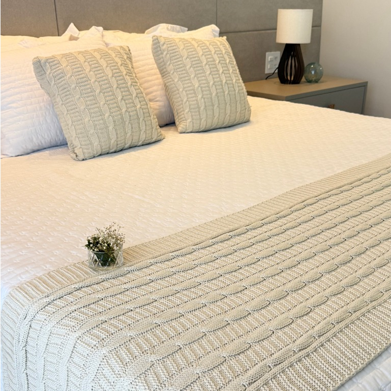 Kit Manta Peseira de Tricot + 2 Capas Almofada Para Cama e Sofá Casal Queen e King Decoração Luxo FI