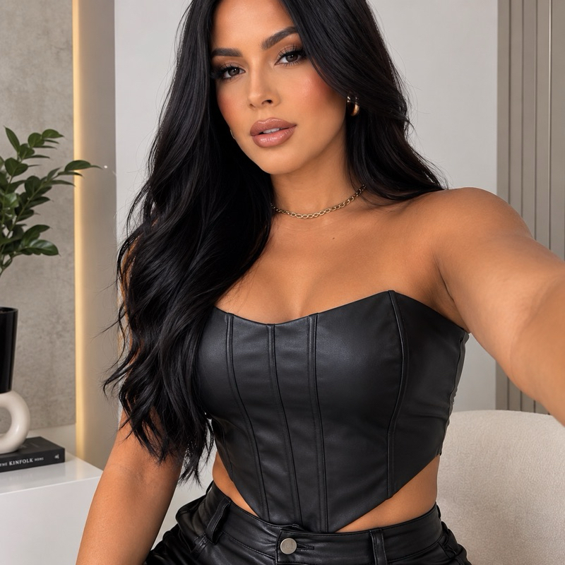 CROPPED CORSELET COURO FAKE COM AMARRAÇÃO ATRÁS