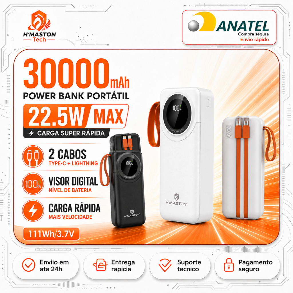 H'MASTON YD66 Power Bank 30000mAh Carregador Portátil Para Celular Carregador Portátil Tipo c Power Bank Turbo Powerbank