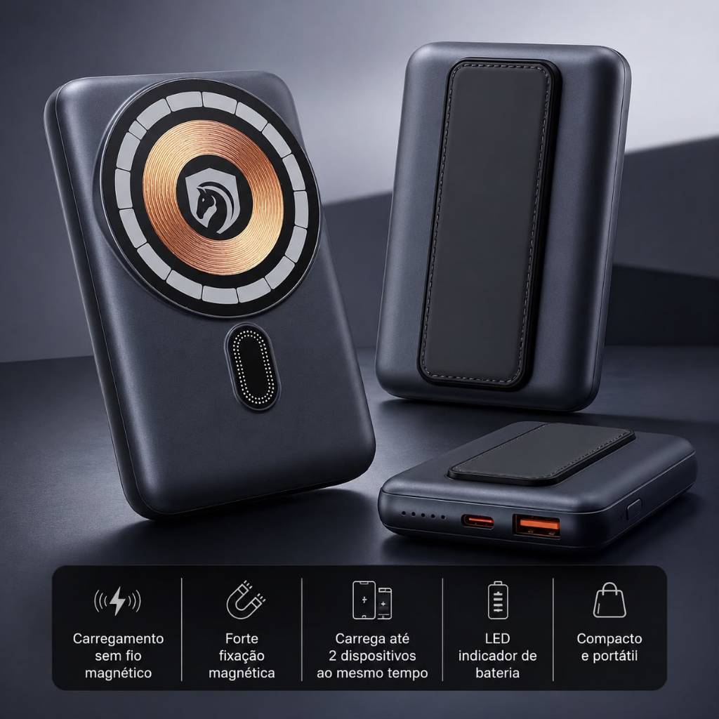 ￼Carregador Portátil Power Bank Turbo 22.5w Bateria 10000mah Por indução Magnético Com Suporte