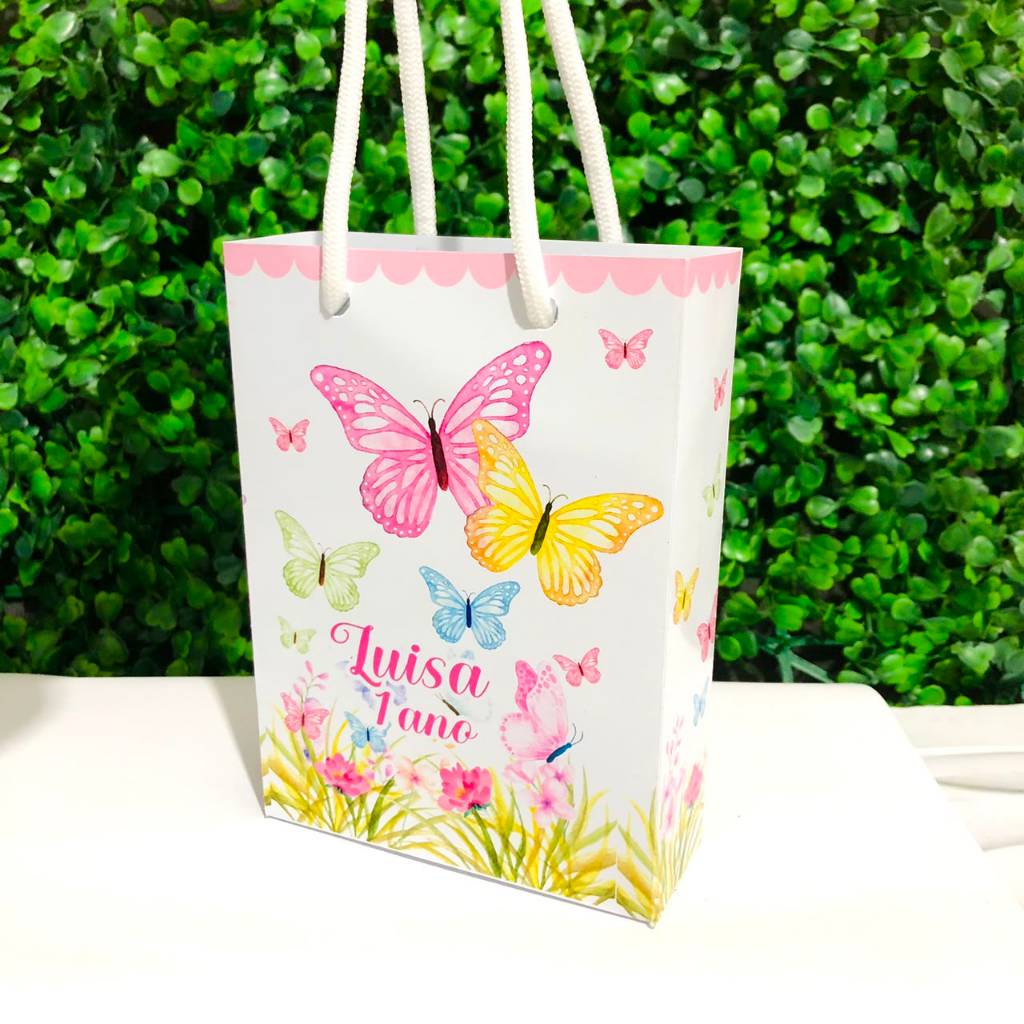 Sacolinha Jardim das Borboletas Rosa Personalizada | Sacola Surpresa | Lembrancinhas Festa Infantil Aniversário