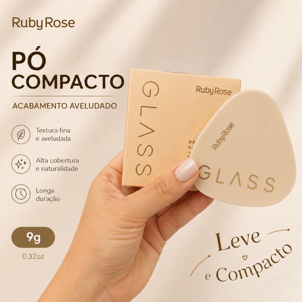 Pó Facial Compacto Ruby Rose Glass 9g – Maquiagem Textura Aveludada