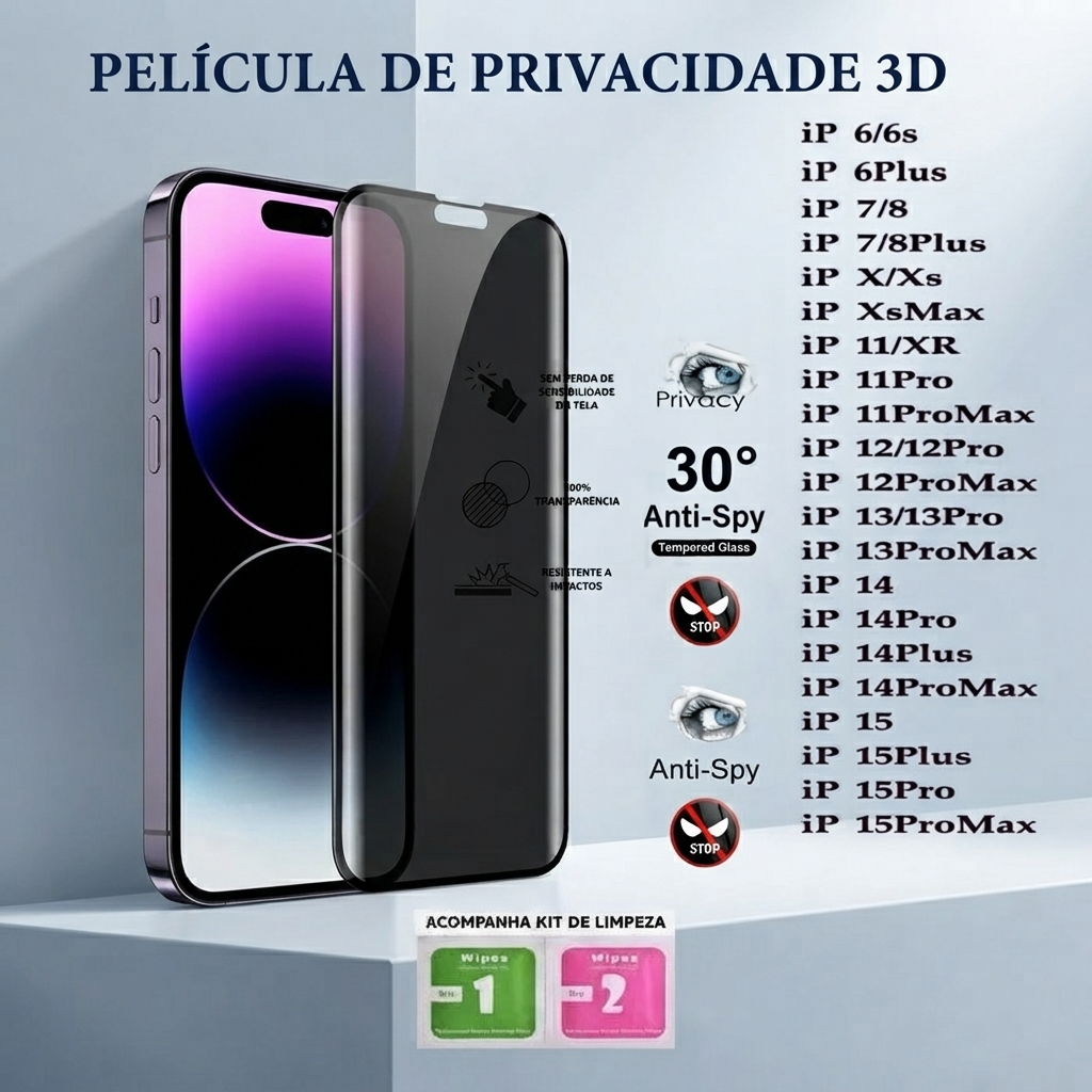 Película De Privacidade 3D Vidro Temperado Anti-Spy Para  Iphone 6, 7, 8, XR, 11, 12, 13, 14, 15,16,16E