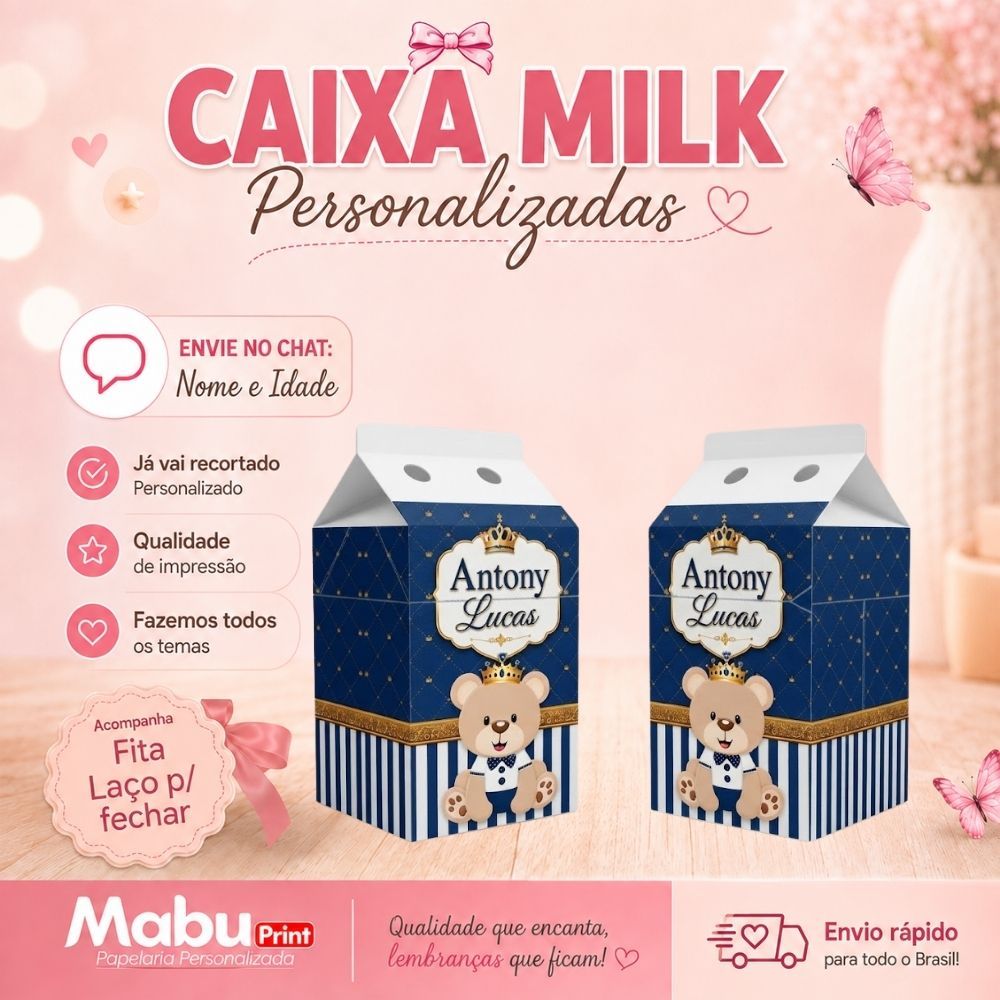 Kit Caixinhas Milk Personalizada Com Nome Tema Ursinho cha de bebe Personalizada Lembrancinhas de Festa - Caixa Milk