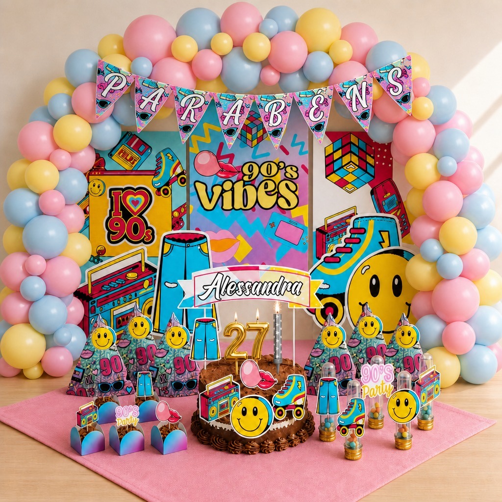 Kit Festa Aniversário Anos 90/2000 Nostalgia Retrô Personalizado 78 Itens Decoração Completa Lembrancinhas