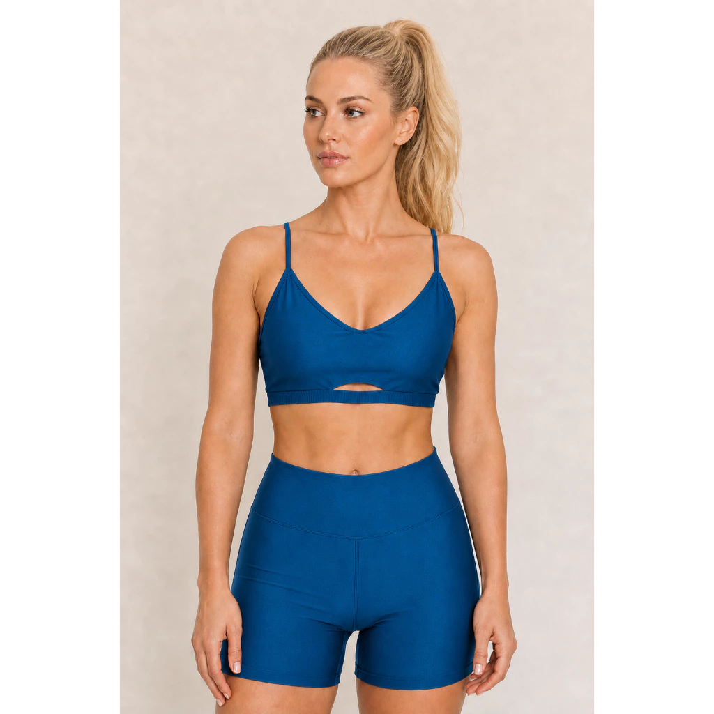 Conjunto micro canelado meia lua bojo removível + short cintura alta UV50+ fitness academia treino — imagem 1