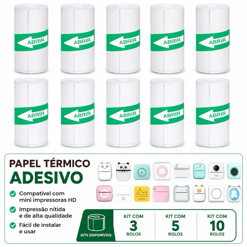 Kit 5 Rolos Bobinas Papel Continuo Adesivo Autocolante e 5 Sem Adesivo Para Mini Impressora Térmica Etiqueta Sem Tinta