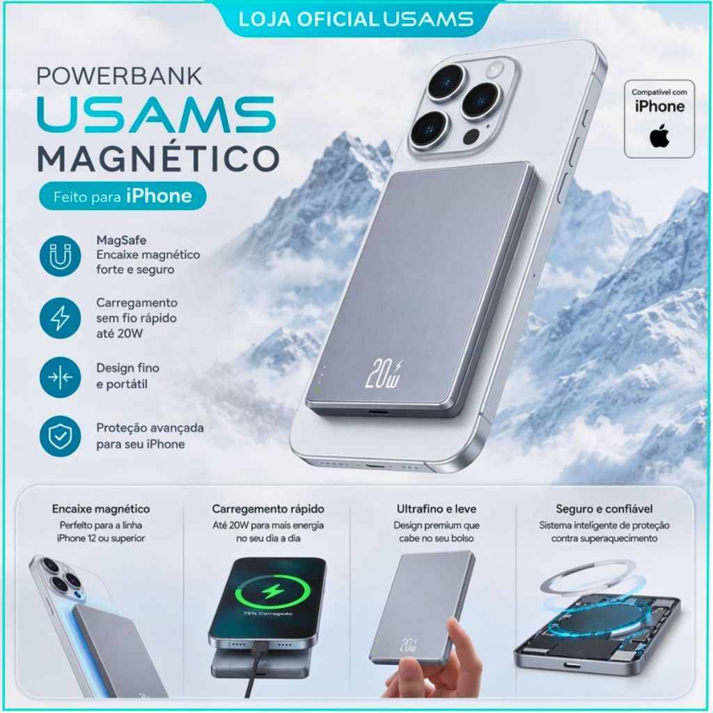 Power Bank Carregador Portátil 20w Indução Magsafe Qi Magnético Para iPhone Apple Ios 5000mAh USAMS