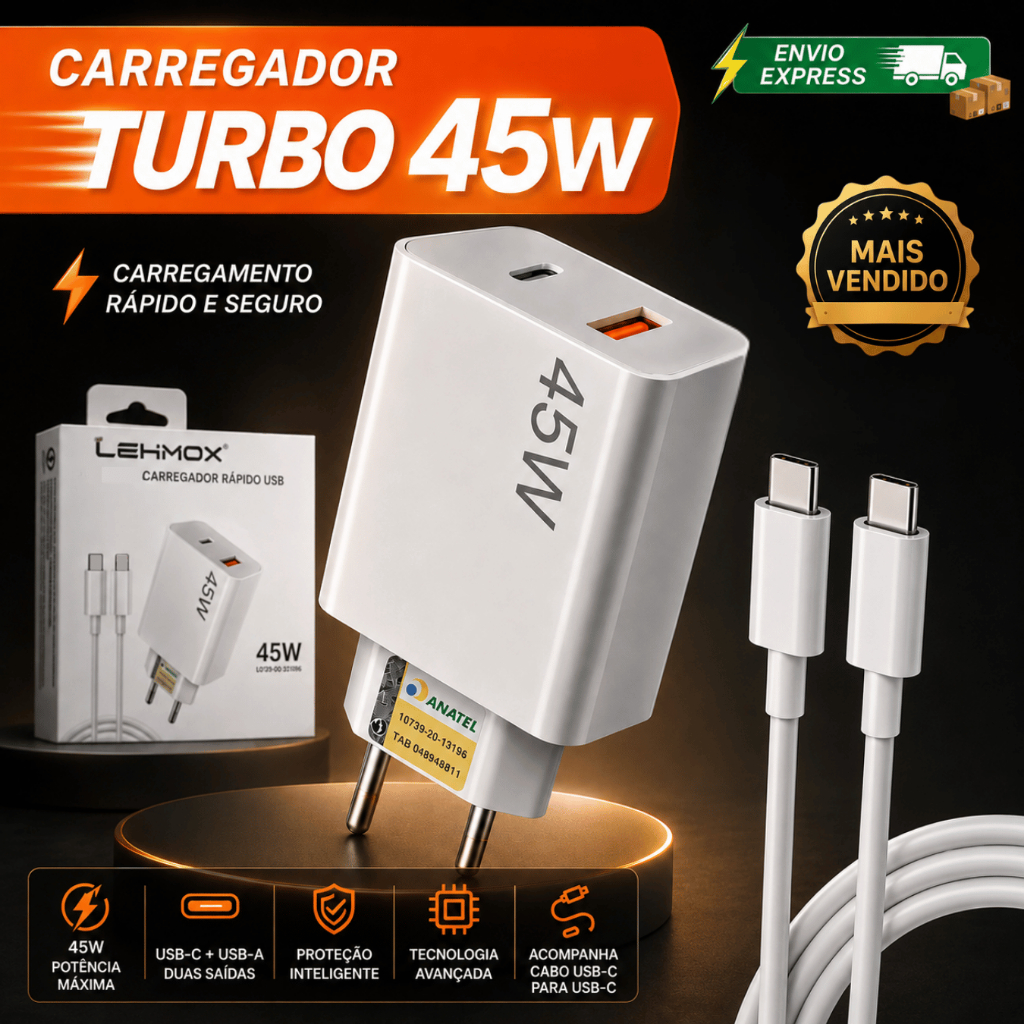 Carregador Completo Turbo Power Para Xiaomi Redmi Poco Cabo USB + Cabo Tipo C 45W Original Lehmoxx