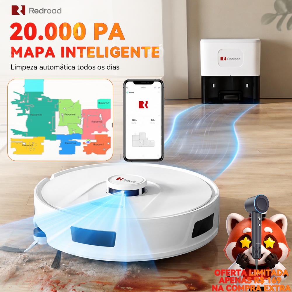 Robô Aspirador Passa Pano Redroad R11 Inteligente 20000Pa Autoesvaziável 3 em 1 App e Voz Silencioso Para Pets