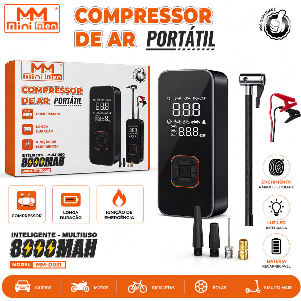 Compressor de Ar Portátil 8000mAh 150 PSI com Partida de Emergência – Inflador para Carro, Moto e Bicicleta