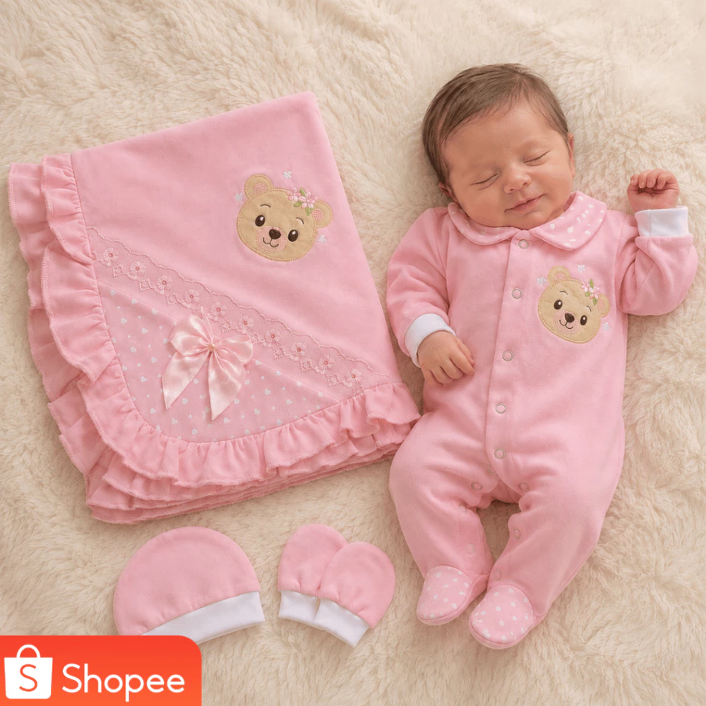 Kit Saída de Maternidade – 4 Peças – Macacão, Toca, Manta e Luva – Bebê Recém-Nascido - CM Baby