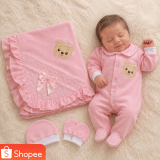 Kit Saída de Maternidade – 4 Peças – Macacão, Toca, Manta e Luva – Bebê Recém-Nascido - CM Baby
