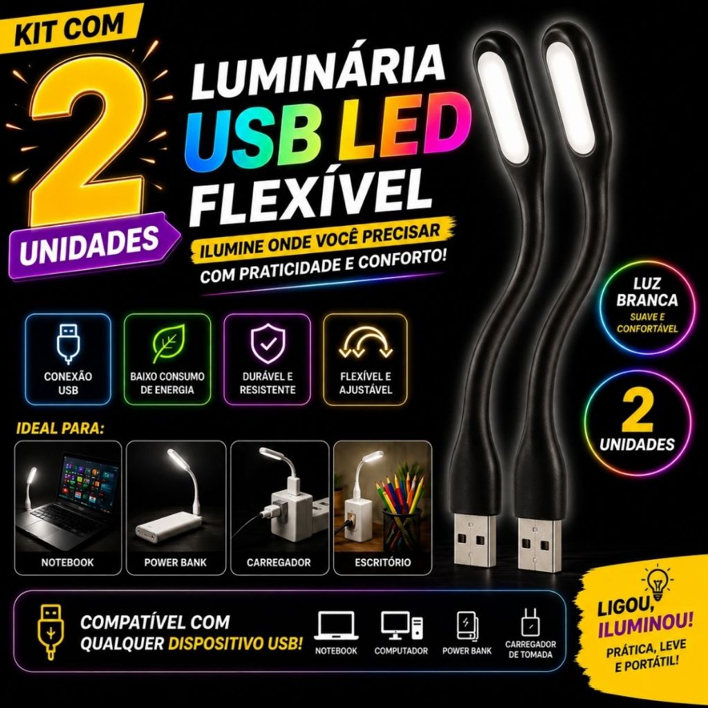 Mini Luminária Led Luz Usb Flexível Portável Para Laptops Preta Kit 2 Unidades