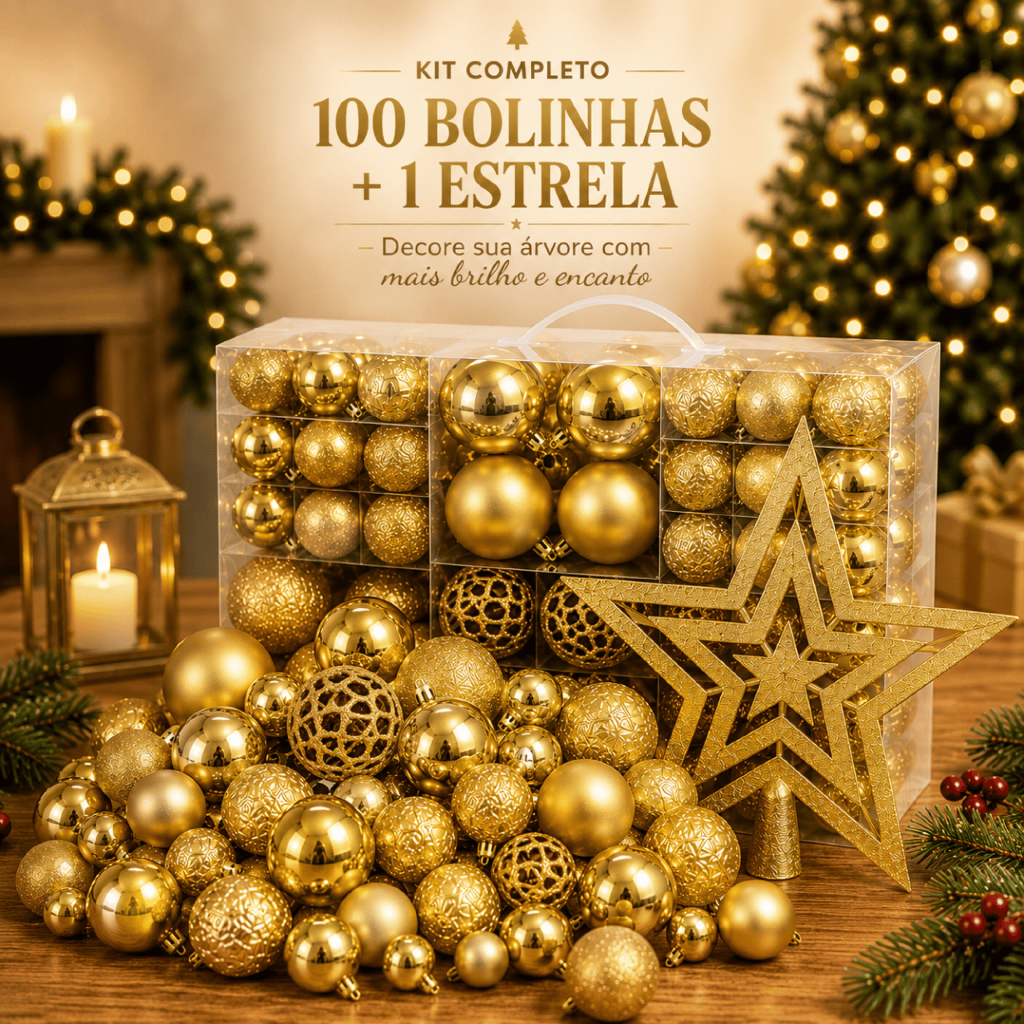 Kit 100 Bolas de Natal + Estrela para Árvore Decoração Premium Bolinhas Mistas Lisas Foscas Glitter Dourada e Vermelha