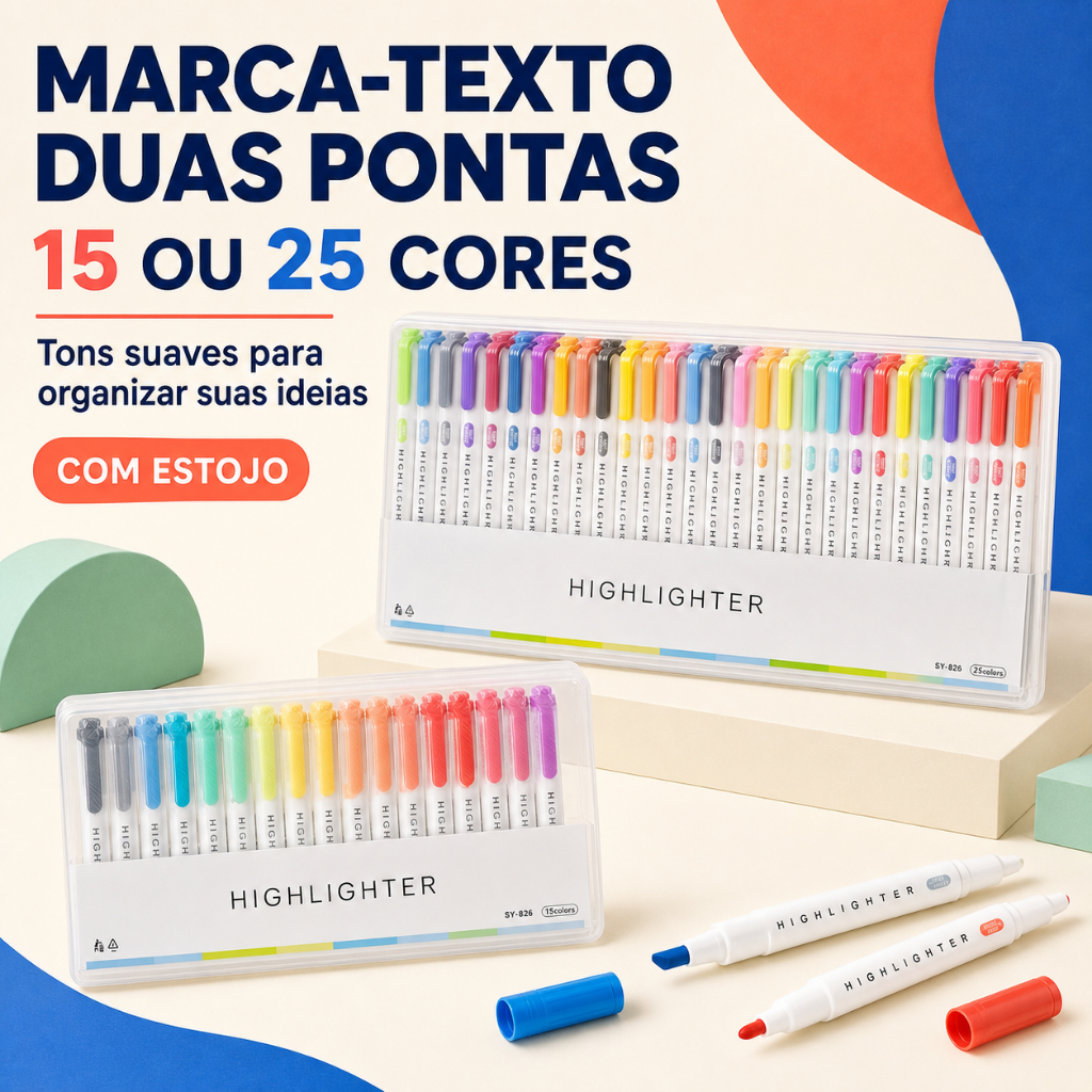Kit Marca-Texto 15 ou 25 Cores Duas Pontas Tons Suaves com Estojo para Escola Estudos e Bullet Journal